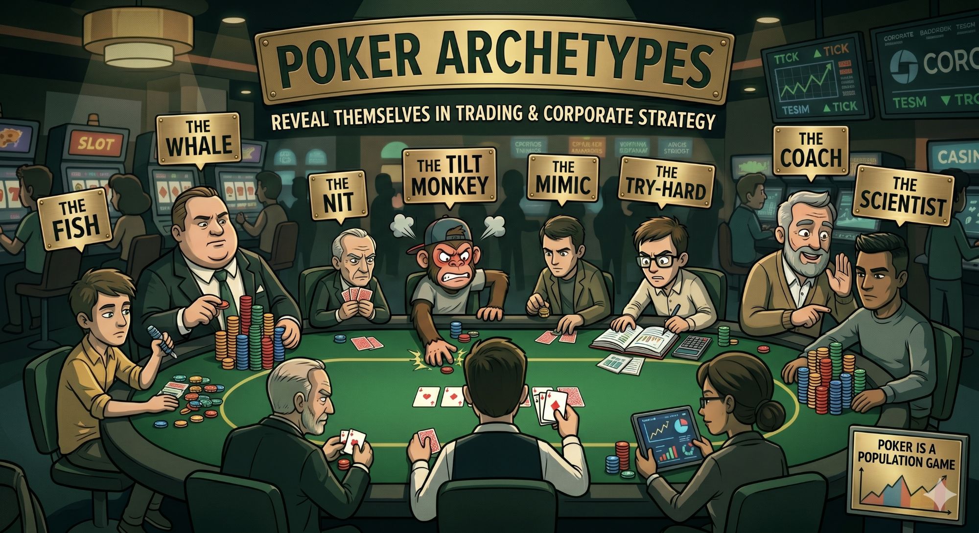 Illustration of poker archetypes around a table — the Fish, the Whale, the Nit, the Tilt Monkey, the Mimic, the Try-hard, the Coach, the Scientist, and the Crusher.