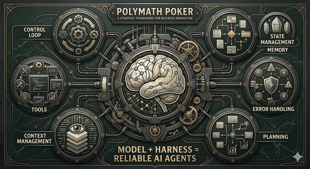 The Harness: a brain held inside a mechanical harness — surrounded by Control Loop, State Management, Memory, Tools, Error Handling, Context Management, and Planning.