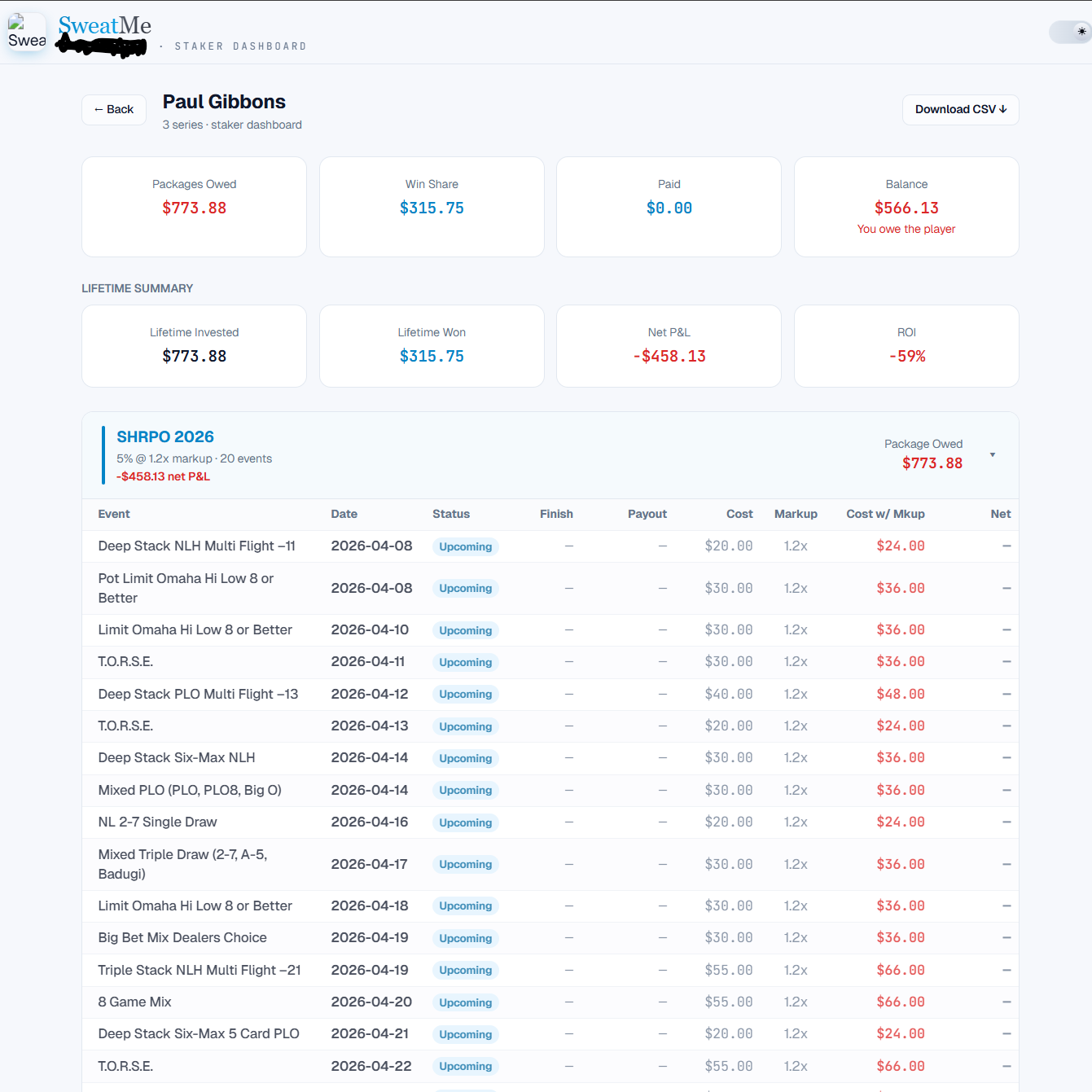 SweatMe staking dashboard